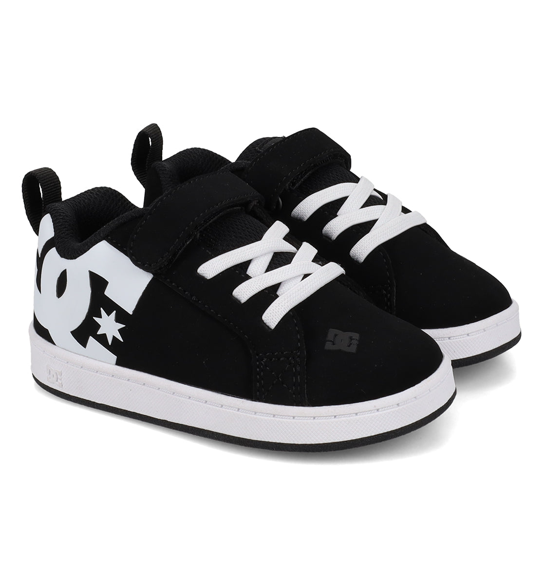 A pair of DC Shoes Kids’ Court Graffik Shoes - Toddler in classic black, showcasing the iconic puffy silhouette with crisp white laces, contrasting white soles, and a bold white DC logo on the side—perfect for young trendsetters.