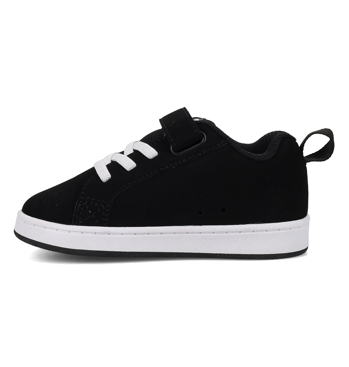 A small black sneaker, the Kids’ Court Graffik Shoes - Toddler by DC Shoes, features a puffy silhouette, white laces, a white sole, a black hook-and-loop strap, and a back pull tab—shown against a white background.