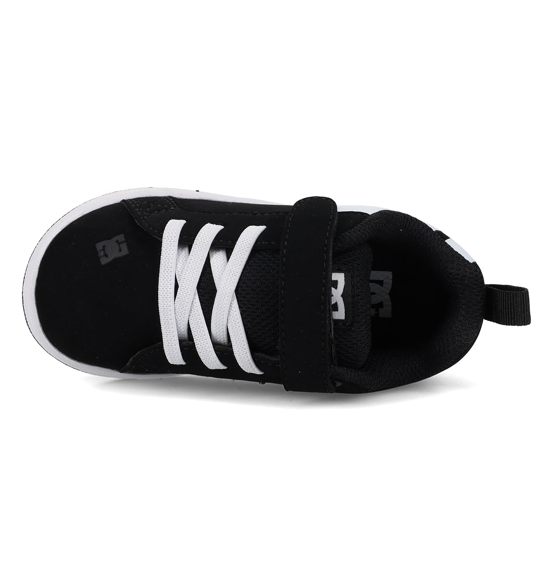 The DC Shoes Kids’ Court Graffik Shoes – Toddler feature a puffy black silhouette with white laces, a single black Velcro strap, a white sole, and a heel loop. Viewed from above, these sneakers deliver everyday comfort and style—perfect for little ones on the go.
