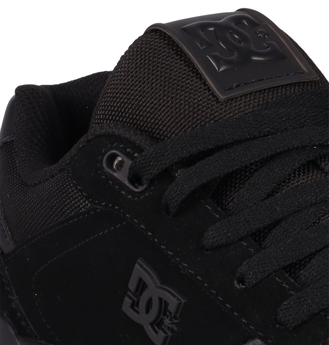 Close-up of the Men's Fractal Shoes by DC Shoes in black, featuring mesh and suede textures, laces, a raised DC logo on the tongue, and a side logo—delivering street-ready style with performance-driven comfort.