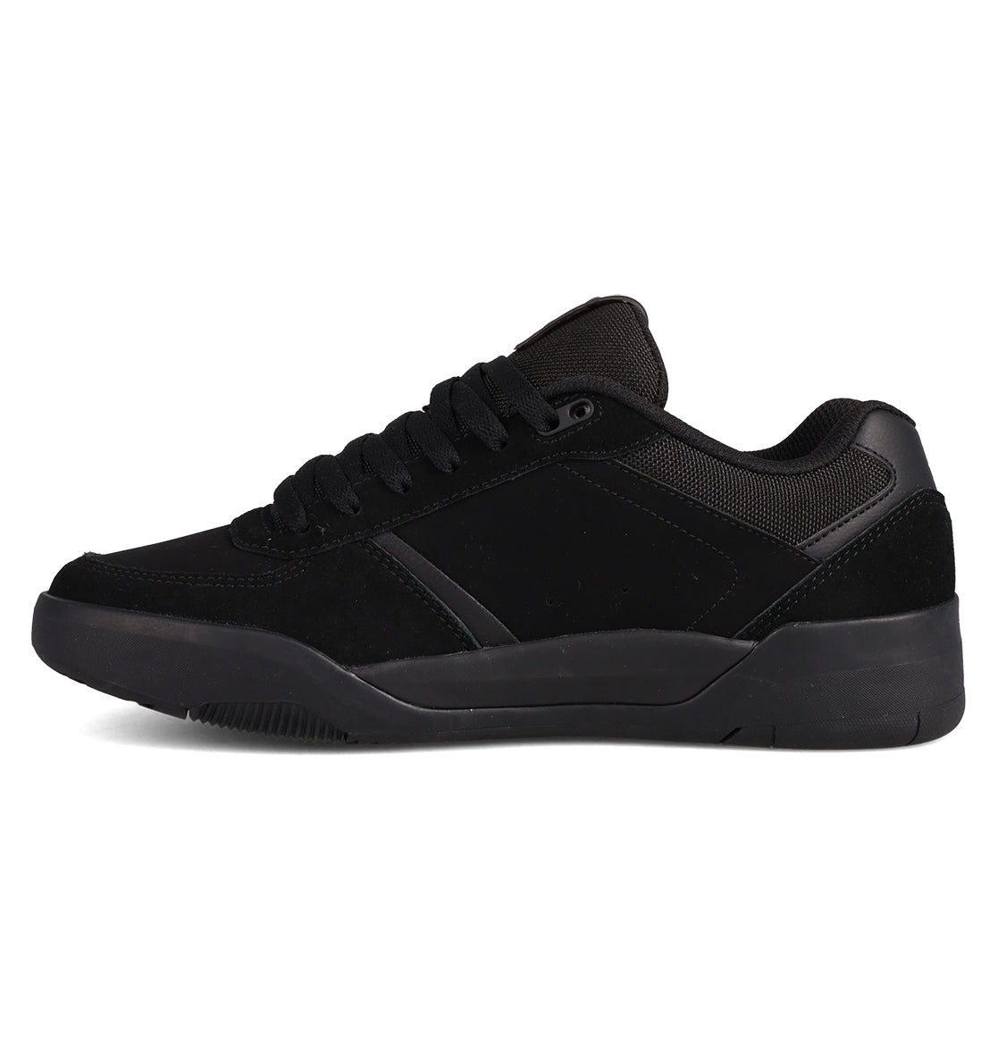 The DC Shoes Men's Fractal Shoes feature a black low-top design with suede and mesh panels, black laces, and a thick black rubber sole, offering street-ready style and comfort. Shown in side profile on a white background.
