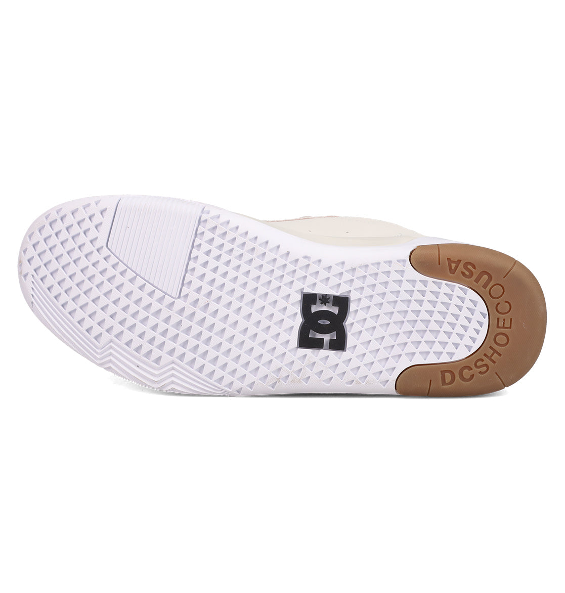 The image displays the outsole of DC Shoes Men's Fractal Shoes, showcasing a fractal-inspired triangular texture for comfort, a brown heel embossed with DC SHOESCO USA, and a black DC logo in the center.