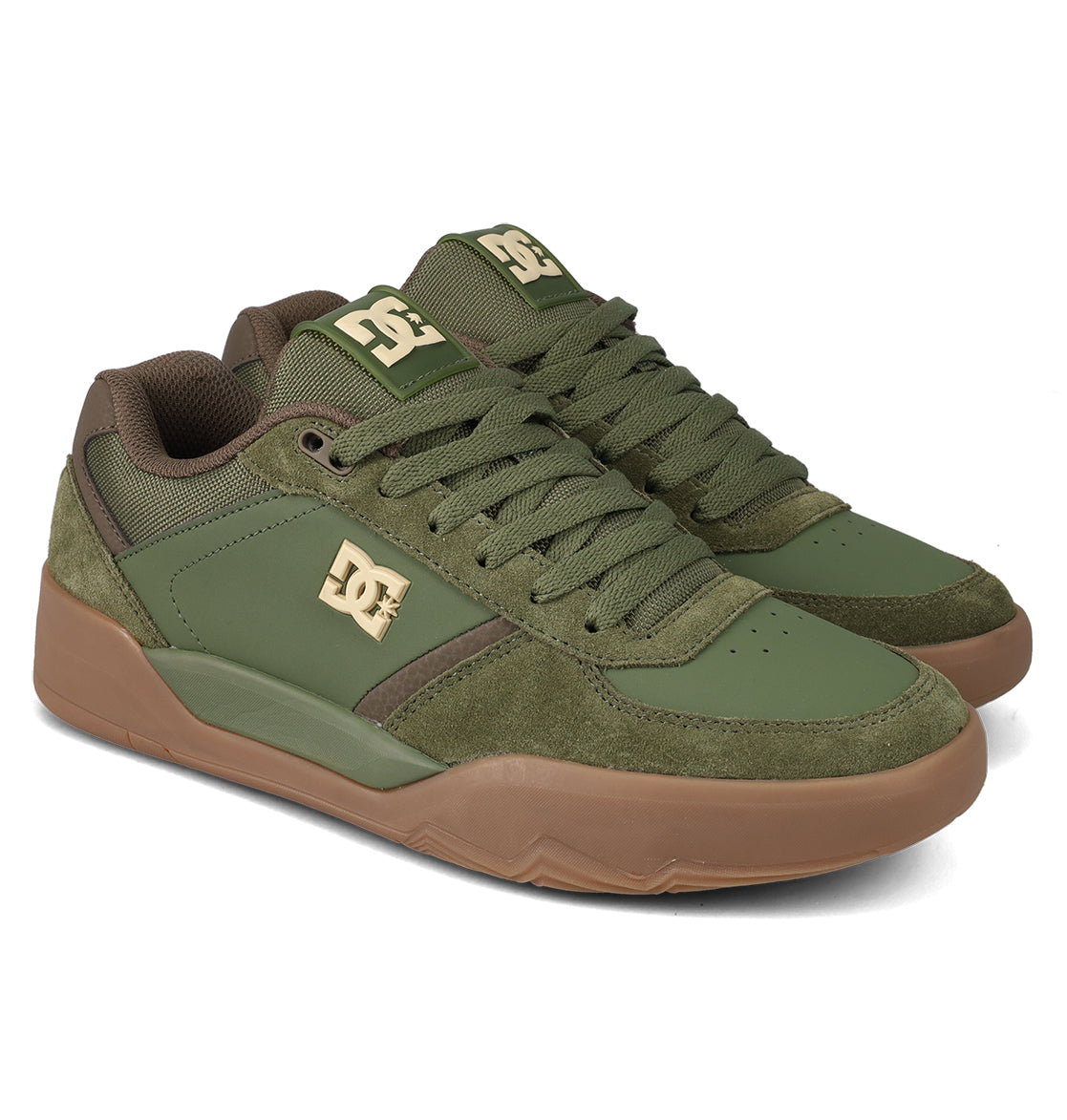 The DC Shoes Men's Fractal Shoes are low-top sneakers in olive green and brown with suede and leather panels, tan soles, gold DC logo, and green laces, offering performance-driven comfort and street-ready style.
