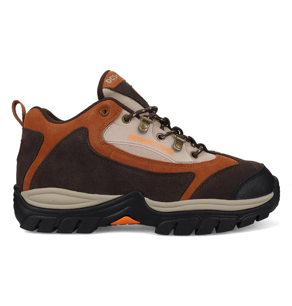 The DC Shoes Men’s Recon OG Shoes feature brown, tan, and orange panels accented with orange highlights and a black sole. Designed with a lace-up closure and rugged tread, these durable boots offer weather-resistant features, making them ideal for tough trails and outdoor activities.