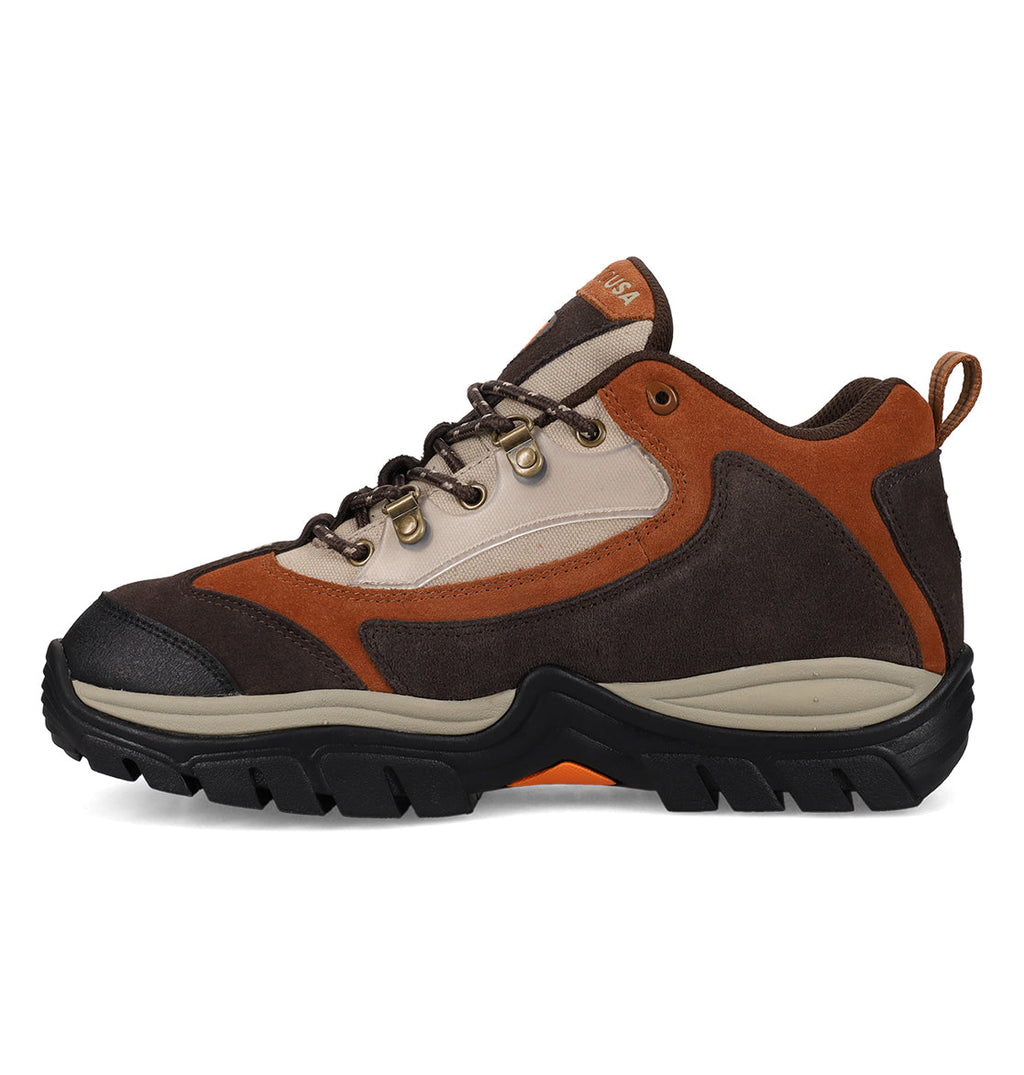 Introducing the Men’s Recon OG Shoes by DC Shoes—featuring brown, tan, and orange suede and leather panels, a sturdy black sole, and metal eyelets for the laces. Designed for outdoor adventures, these durable men’s boots offer a rugged tread and a convenient pull tab on the heel, ensuring reliable performance in any terrain.