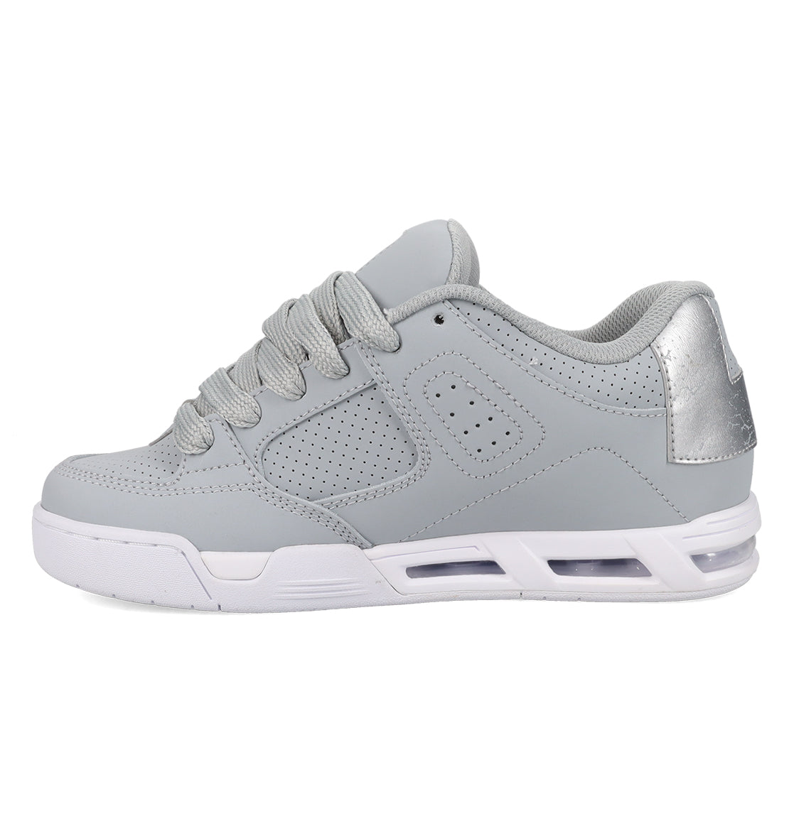 Women’s Command Shoes by DC Shoes in light grey, featuring signature cushioning, a white sole, metallic silver heel detail, and perforated side panels. Displayed in side profile on a plain white background.
