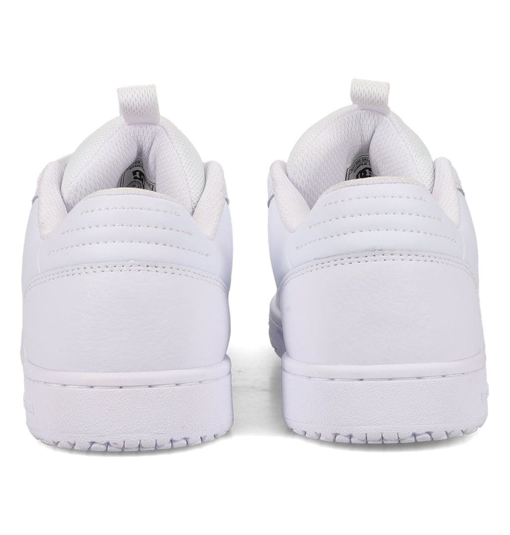 A pair of Women’s Astrix Shoes by DC Shoes in white, viewed from the back to highlight the heels, textured soles engineered for board control, and padded collars—all set against a plain white background.