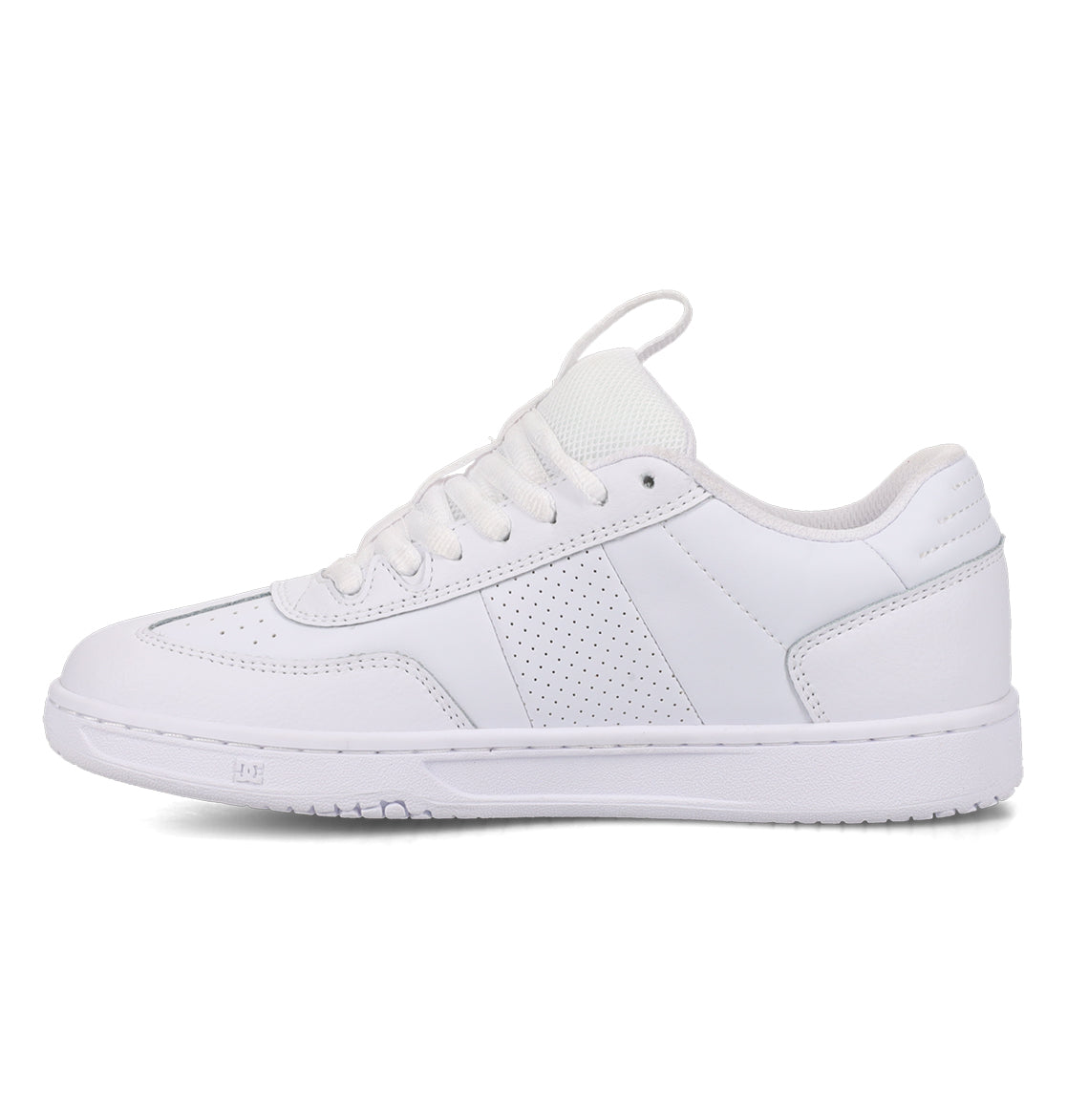The Women’s Astrix Shoes by DC Shoes are white low-top skate shoes featuring a lace-up closure and perforated side details, engineered for exceptional board control. The pair is displayed in a left side profile view against a plain background.