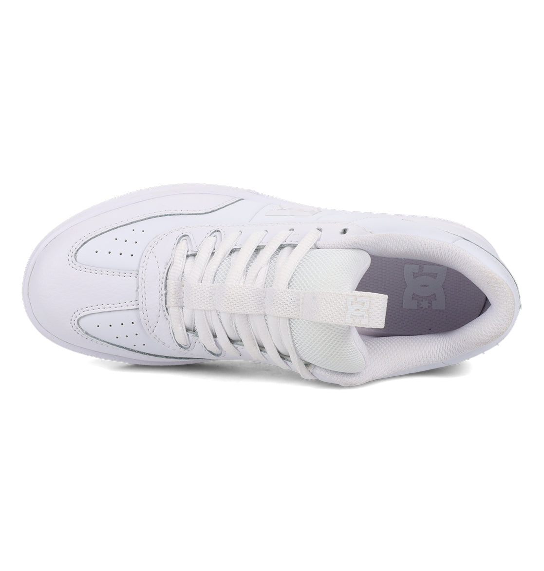 A top-down view of the Women’s Astrix Shoes by DC Shoes in white showcases the laces, perforated toe box, tongue, and a glimpse of the insole featuring a subtle logo near the heel—specifically designed to deliver optimal board control for street skateboarding.