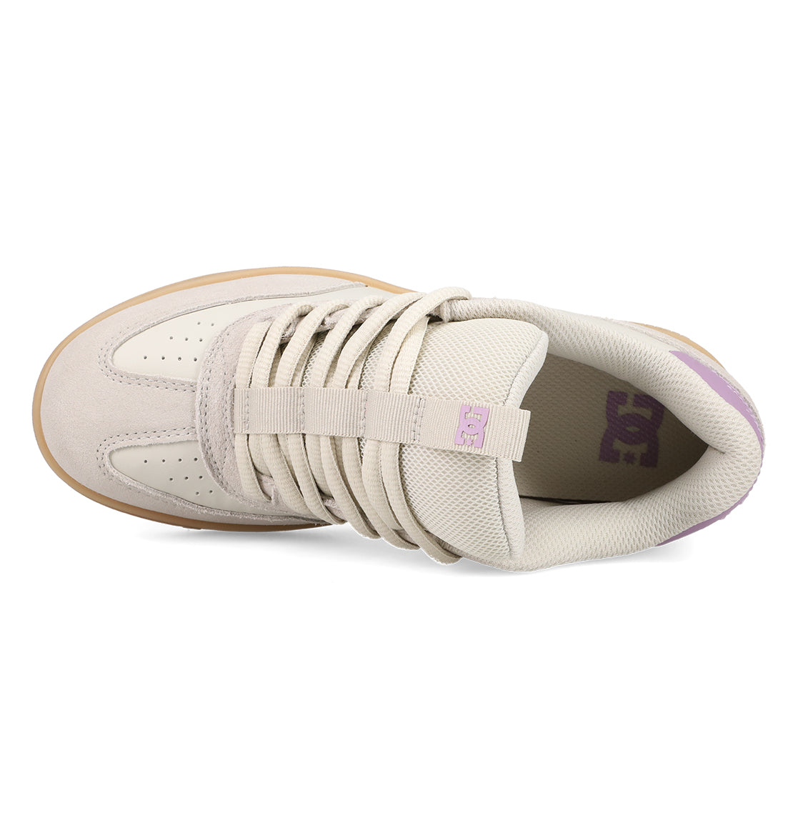 Top view of the DC Shoes Women’s Astrix Shoe in beige, featuring light purple accents, a perforated toe, and beige laces. The DC logo appears on the tongue and inside the sneaker. Designed for street skateboarding, this shoe is equipped with a light brown sole for enhanced board control.