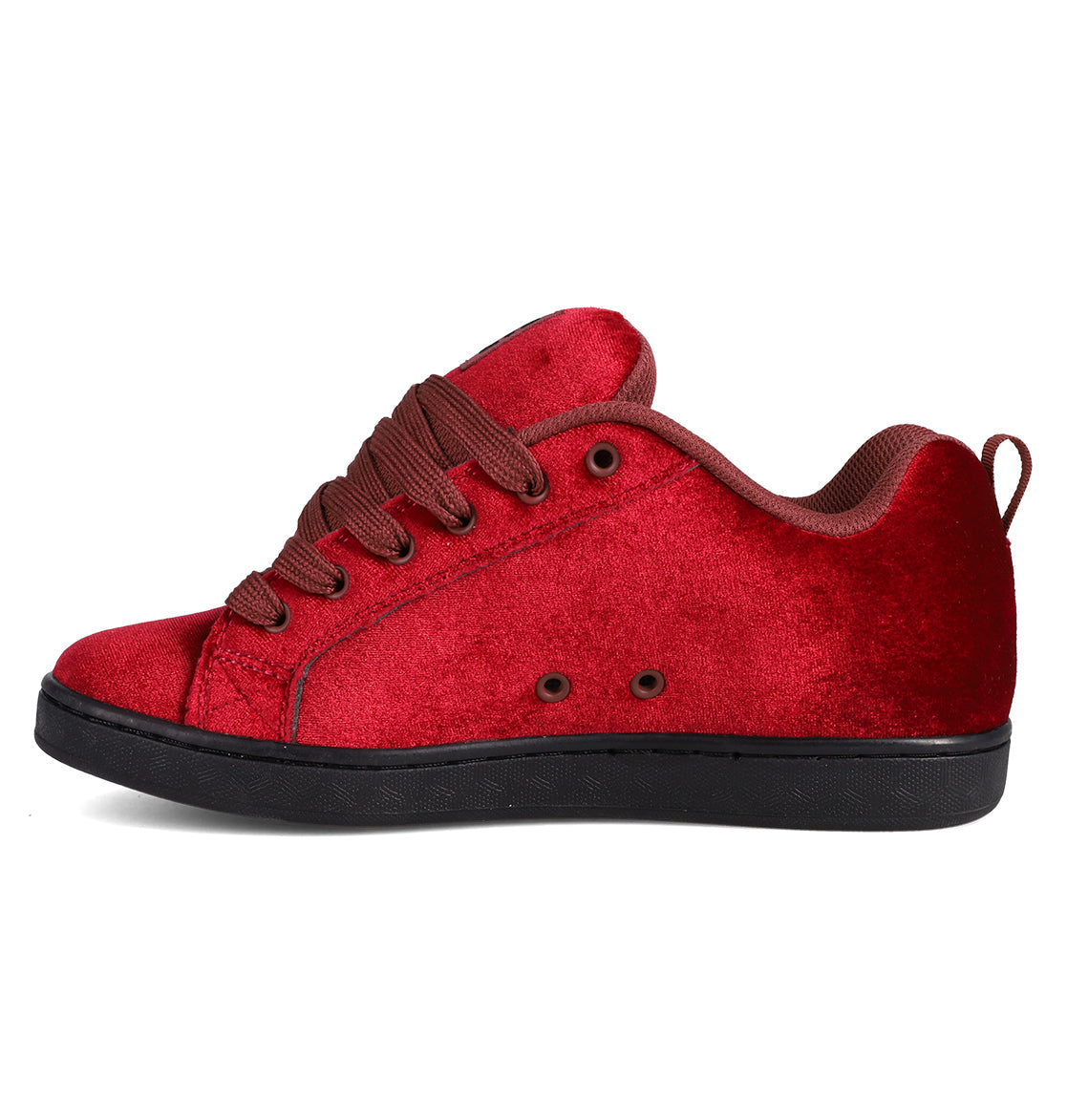 The DC Shoes Women's Court Graffik LE Shoes feature a premium red suede upper, matching red laces, a brown inner lining, and a black rubber sole, showcased from the side on a plain white background.