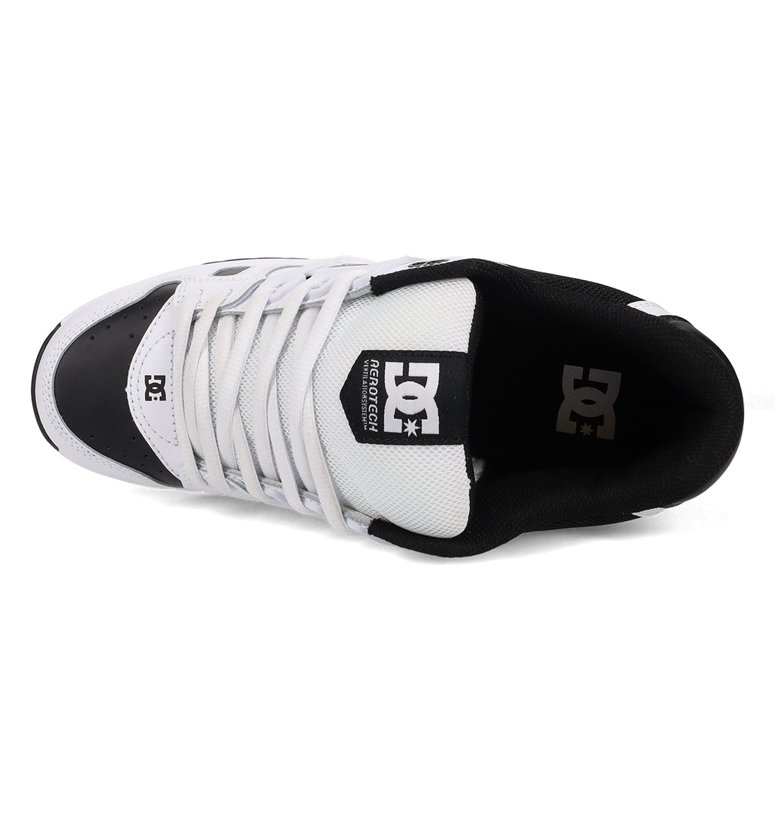 Top view of the Men’s AT-2 Shoes by DC Shoes in white and black, featuring white laces, mesh fabric, the DC Shoes logo on the tongue, and an airband outsole designed for enhanced grip and durability.