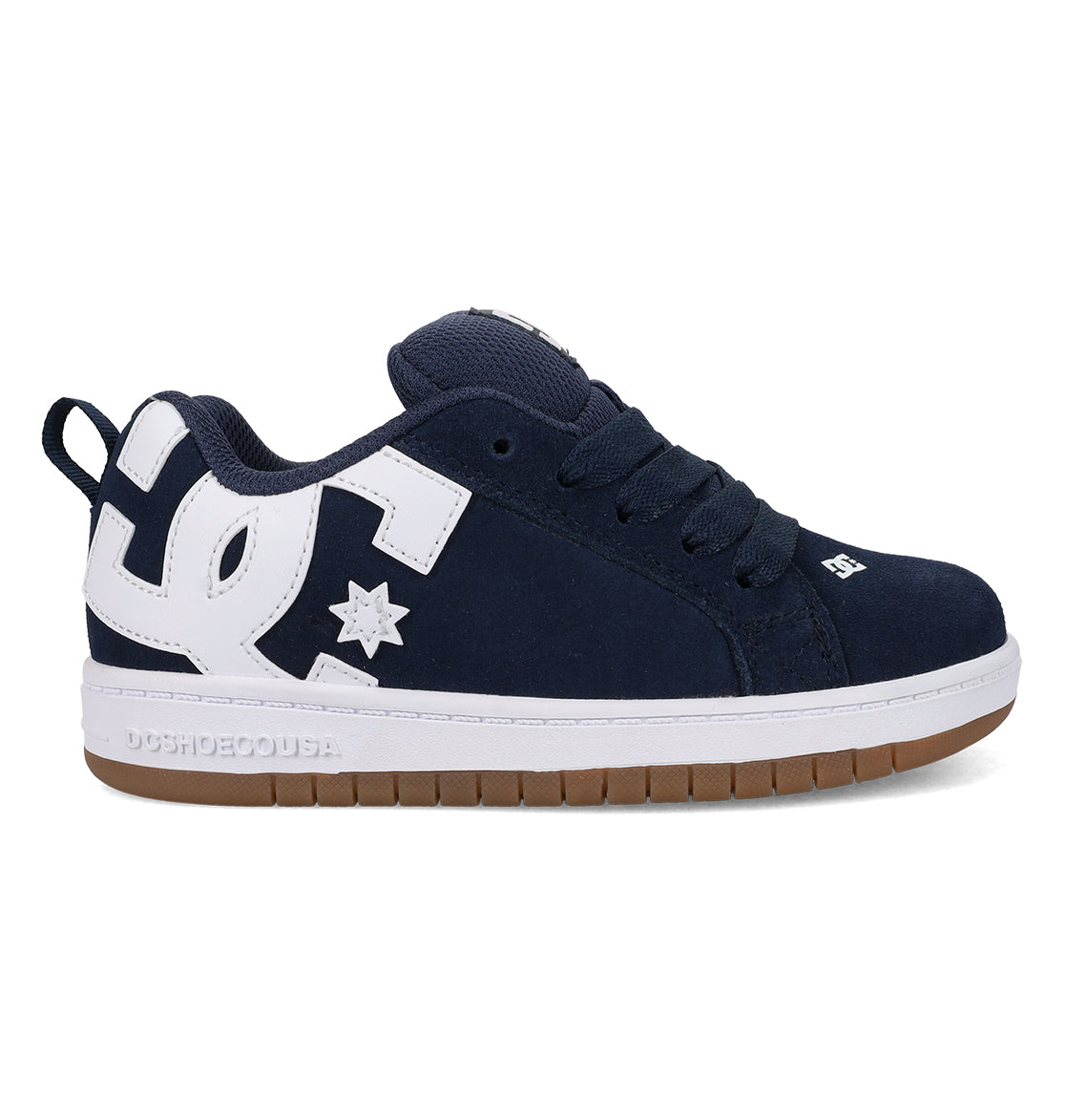 Kids’ Court Graffik Shoes by DC Shoes in navy blue and white, featuring a gum sole, thick laces, a puffy silhouette, and a large white DC logo on the side.