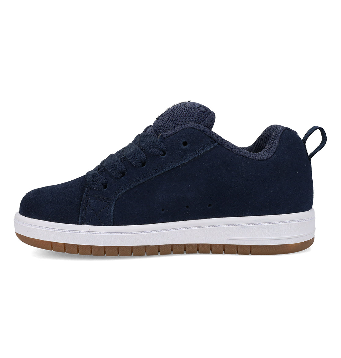 The DC Shoes Kids’ Court Graffik Shoes are shown from the side in navy blue suede, featuring a puffy silhouette inspired by classic Court Graffik designs. This kids’ sneaker has black laces, a pull tab at the heel, a white sole, and a brown outsole.