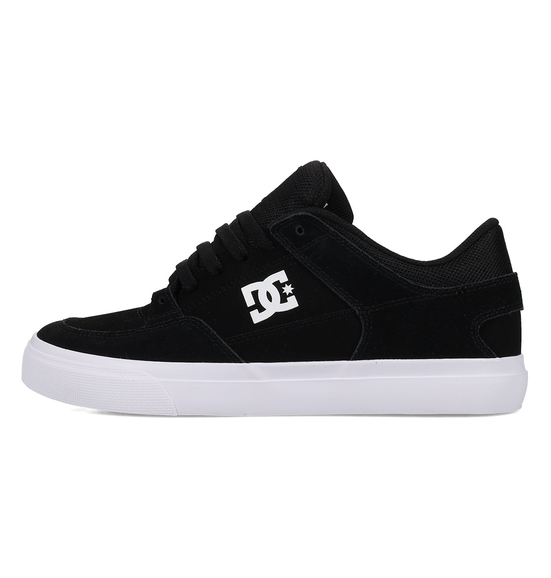 DC Shoes Men’s Onyx Shoes in black showcase a minimal low-top silhouette with a crisp white logo on the side, contrasting white sole, and black laces—an everyday go-to vulcanized sneaker displayed in a side profile against a plain white background.