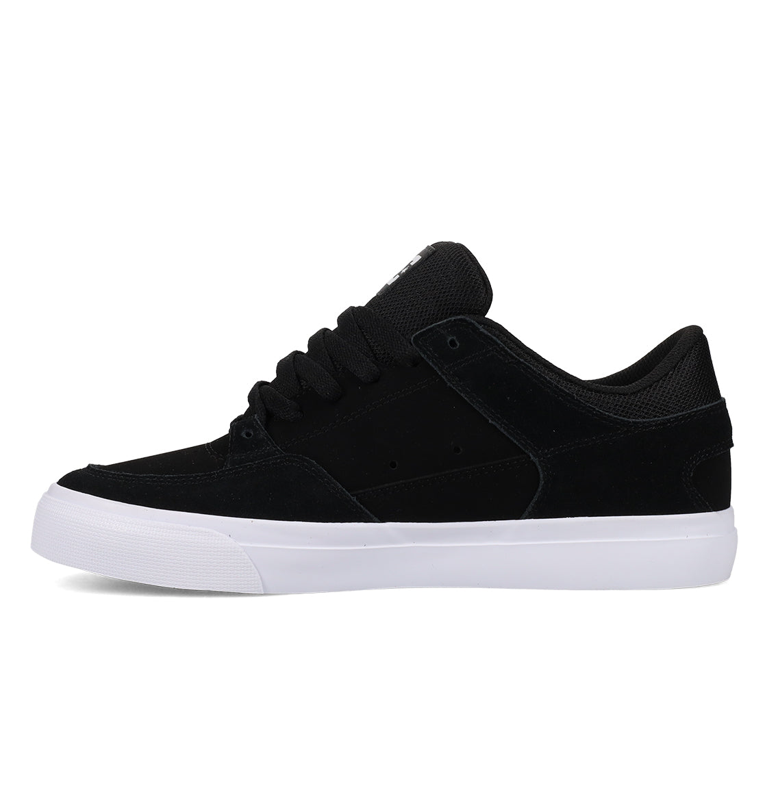 The DC Shoes Men’s Onyx Shoes are black low-top vulcanized sneakers featuring a white rubber sole, black laces, and a padded collar. Displayed in a side view against a plain white background, these shoes boast a minimal silhouette that makes them an ideal everyday go-to for effortless style.