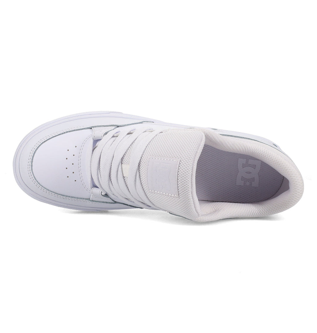 A top view of the DC Shoes Men’s Onyx Shoes in white, featuring laces and toe box perforations, with the DC logo visible on the cushioned insole—an everyday essential in classic Onyx style.