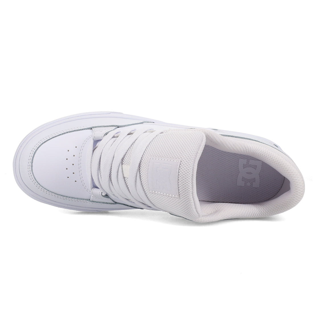 A top view of the DC Shoes Men’s Onyx Shoes in white, featuring laces and toe box perforations, with the DC logo visible on the cushioned insole—an everyday essential in classic Onyx style.