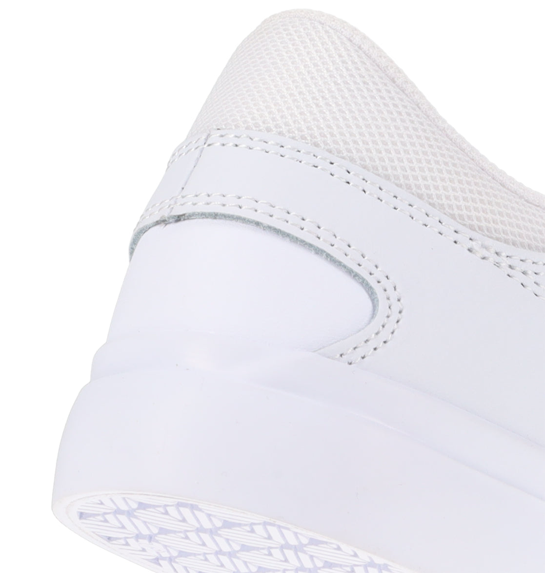 Close-up of the back heel and sole of the DC Shoes Men’s Onyx Shoes, featuring white mesh and intricate stitching details—making them the perfect everyday go-to sneaker—shown against a white background.