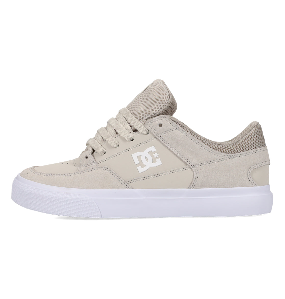 Introducing the Men’s Onyx Skate Shoes by DC Shoes: Featuring a minimal beige silhouette with a crisp white DC logo on the side, plus a durable white rubber sole. These shoes combine suede and mesh in the upper, finished with matching beige laces. Shown from the side against a plain white background, this vulcanized design offers an ideal blend of everyday style and comfort.