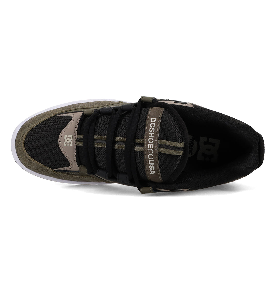 Top view of a black and olive green Men’s Kalynx Zero shoe by DC Shoes, featuring DC SHOES CO USA written on the tongue, black laces, and a white sole.