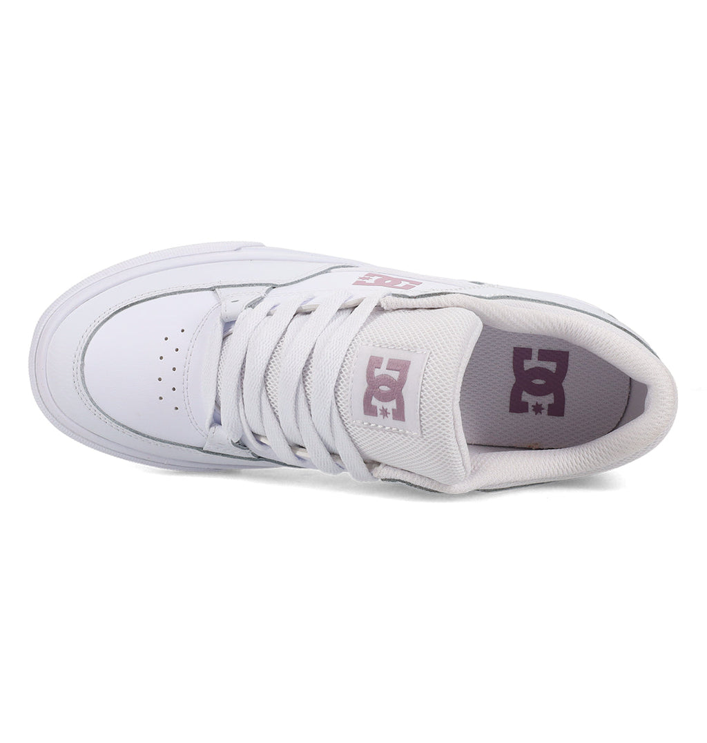 Top view of the Women’s Onyx Shoes by DC Shoes in white, featuring a pink DC logo on the tongue and side, white laces, and small perforations on the toe box. The minimal silhouette makes them an ideal everyday go-to for effortless style and comfort.