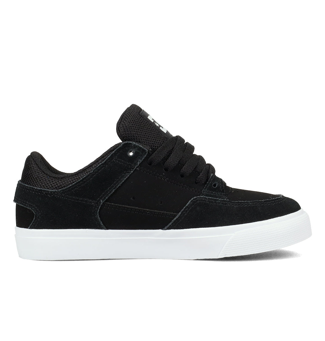 The DC Shoes Kids’ Onyx Shoes are black low-top sneakers with a minimal silhouette, featuring a suede and mesh upper, thick black laces, and a white rubber sole, shown from the side against a white background.