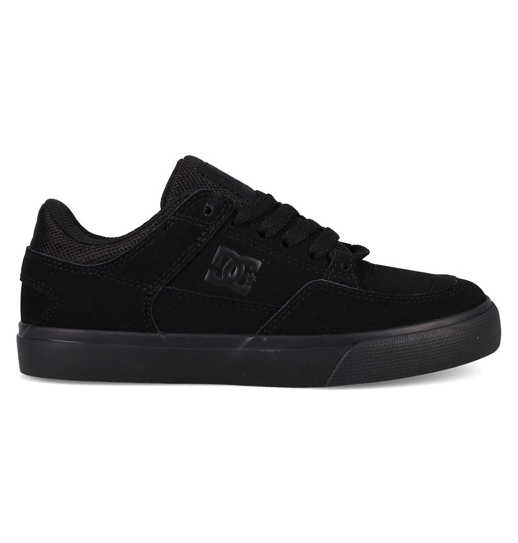 The DC Shoes Kids' Onyx Shoes feature a black minimal silhouette, low-top design, textured sole, mesh tongue, and embossed DC Shoes logo—perfect as an everyday go-to skate shoe.