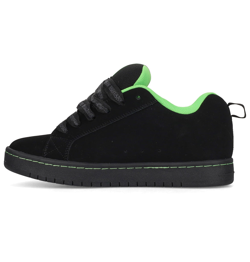 The Men’s Court Graffik x Diablo by DC Shoes features a black exterior, green interior, green sole stitching, black laces, and a heel pull tab, shown on a white background.