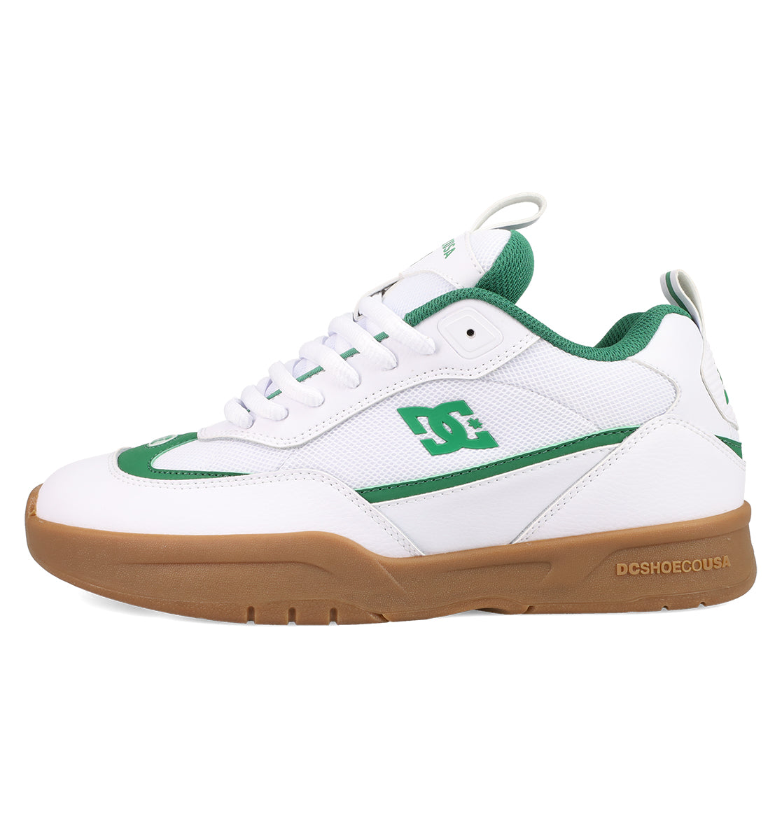 Men's JS-2 Shanahan Pro Skate Shoes by DC Shoes feature a white and green design with a gum sole, mesh and leather panels, green accents, and the DC logo on the side, photographed against a plain white background.