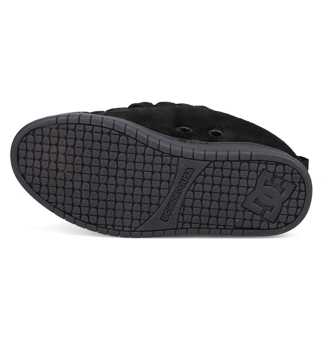 A bottom view of the Men's Court Graffik Puff Shoes by DC Shoes shows a textured rubber grid sole with the DC SHOES logo and emblem near the heel, complementing its bold upper and signature puffy silhouette.