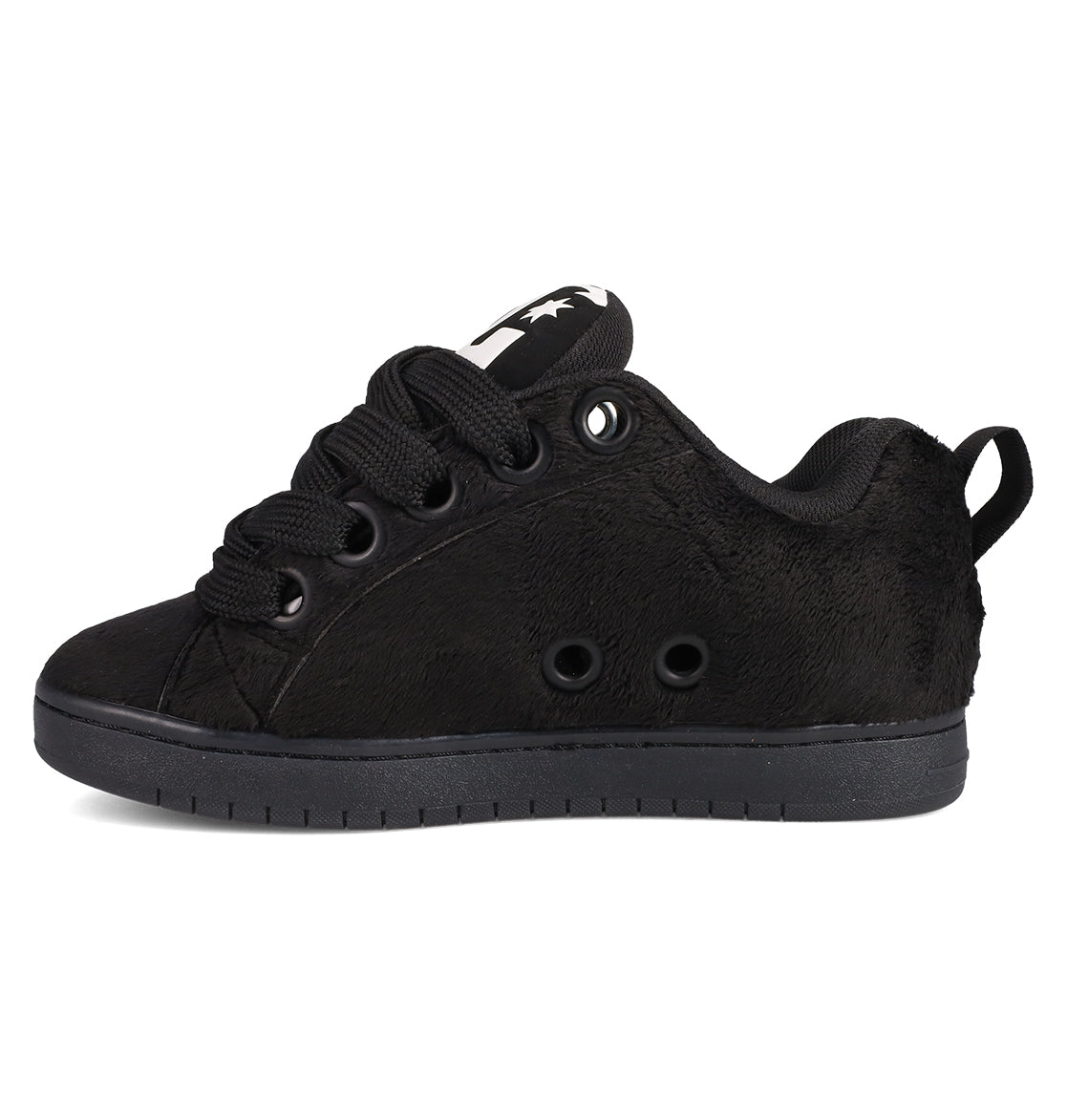 The Men's Court Graffik Puff Shoes by DC Shoes are black low-top sneakers featuring an exaggerated upper, thick laces, textured side, ventilation holes, a pull tab at the back, and a black sole.