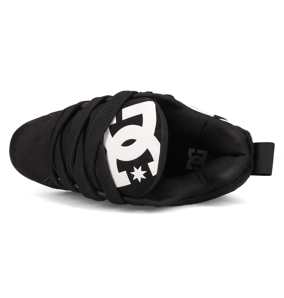 A top view of the Men's Court Graffik Puff Shoes by DC Shoes, showcasing a black puffy silhouette, thick laces, padded collar, pull tab on the heel, and a white DC Shoes logo on the tongue.