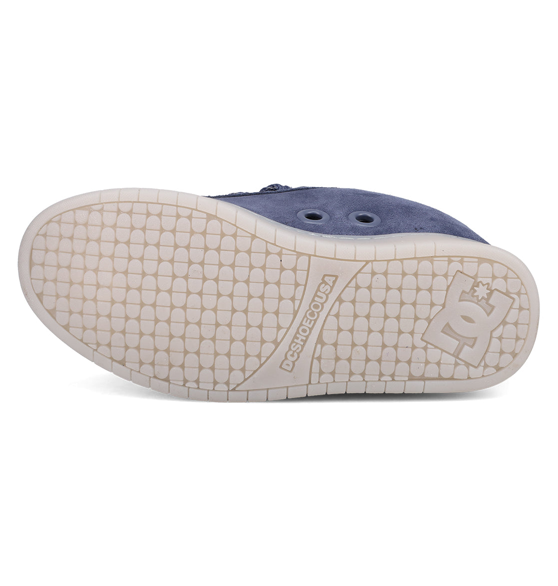 The image shows the sole of DC Shoes Men's Court Graffik Shoes with a white, textured grid pattern featuring the DC logo and "DC SHOESCOUSA." The upper is dark blue with a classic puffy silhouette.