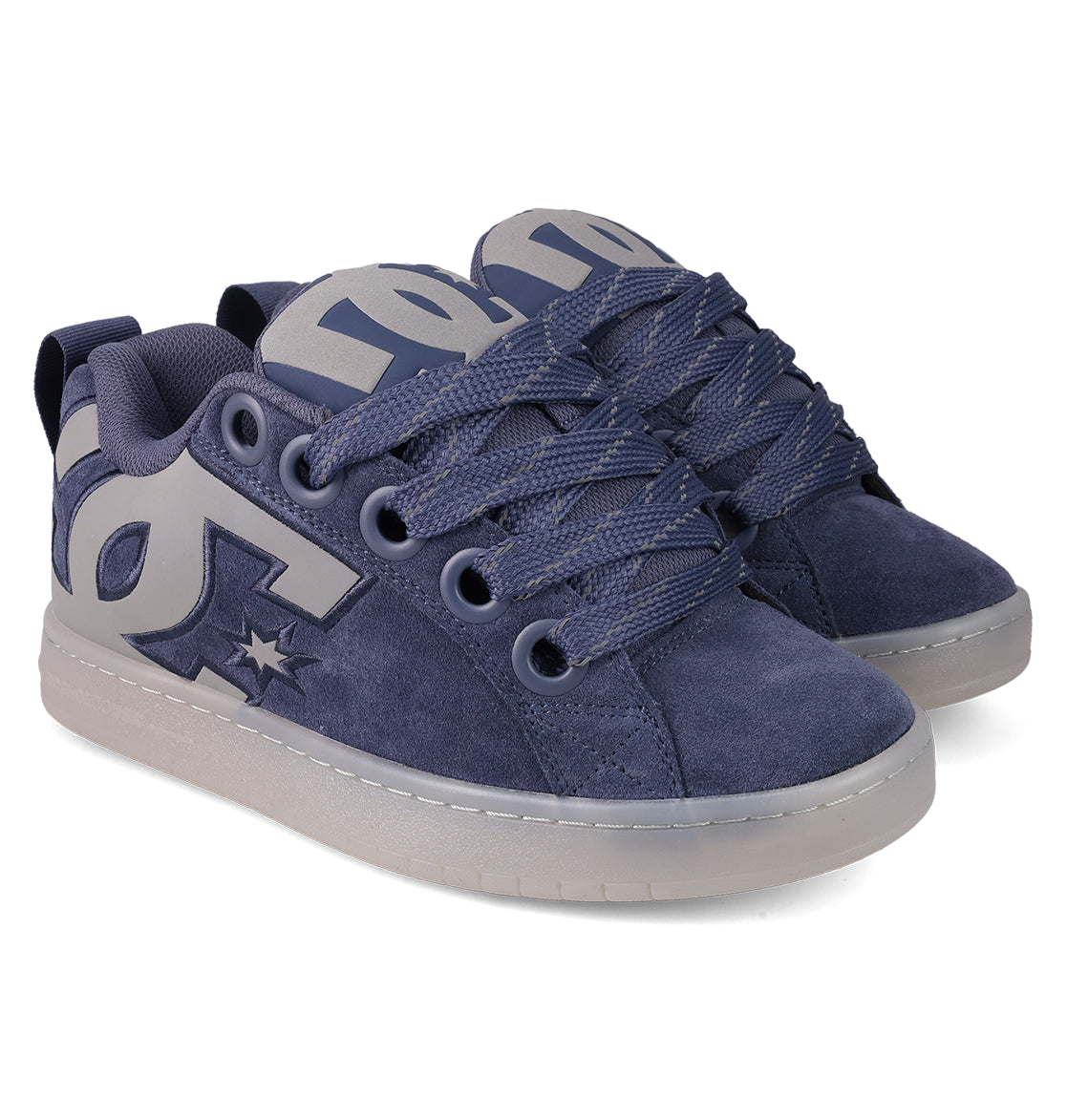 The Men's Court Graffik Shoes from DC Shoes feature a puffy navy blue silhouette, thick laces, suede texture, gray soles, and a bold DC logo—offering classic skate style.