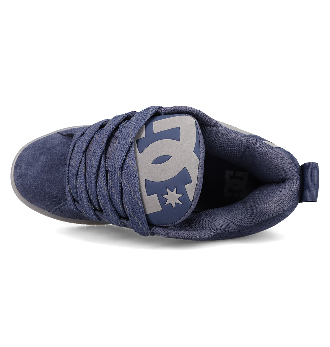Top view of the Men's Court Graffik Shoes by DC Shoes in navy blue, featuring wide laces, a padded tongue with a gray DC logo, and the classic puffy silhouette.