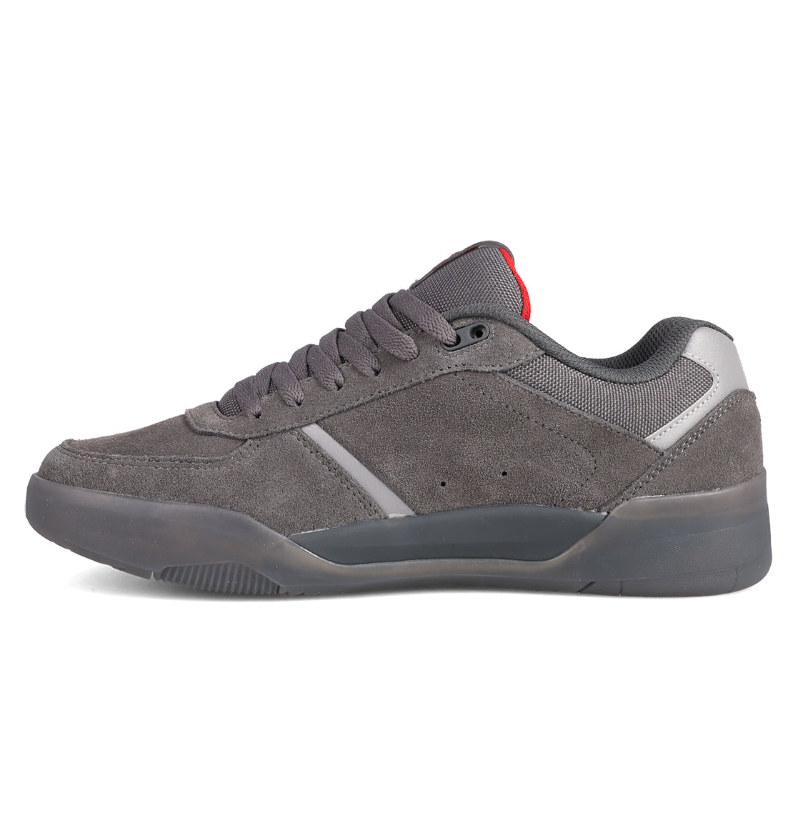 The DC Shoes Men's Fractal SE features gray suede, dark gray laces, a thick rubber sole, a small red tongue tag, and subtle reflective accents near the heel for style and comfort.
