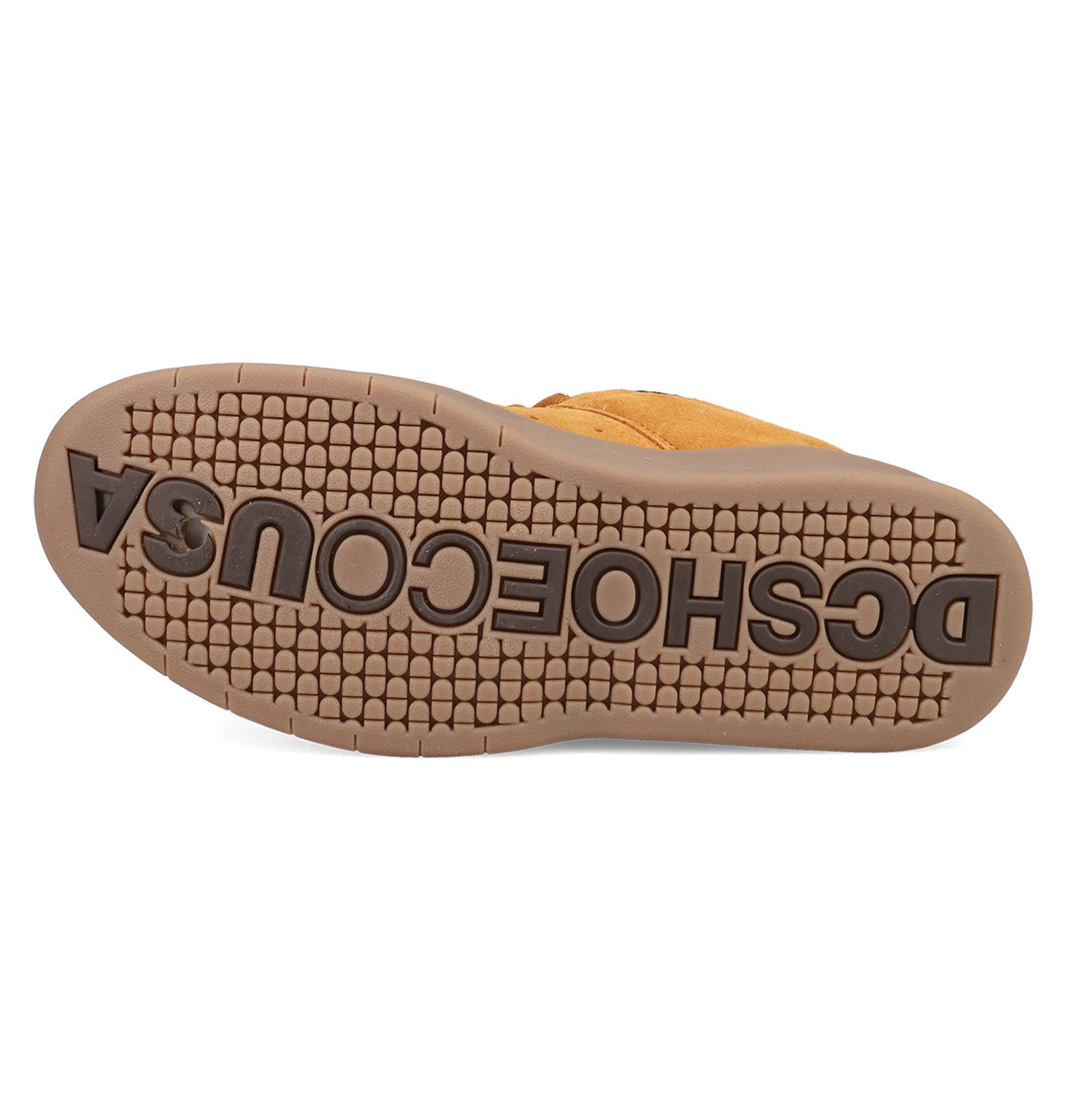 The image displays the sole of a brown DC Shoes Men's Lynx Zero SE, featuring "DSHOECOUSA" embossed in large letters and a grippy textured pattern—hallmarks of this skate shoe line.
