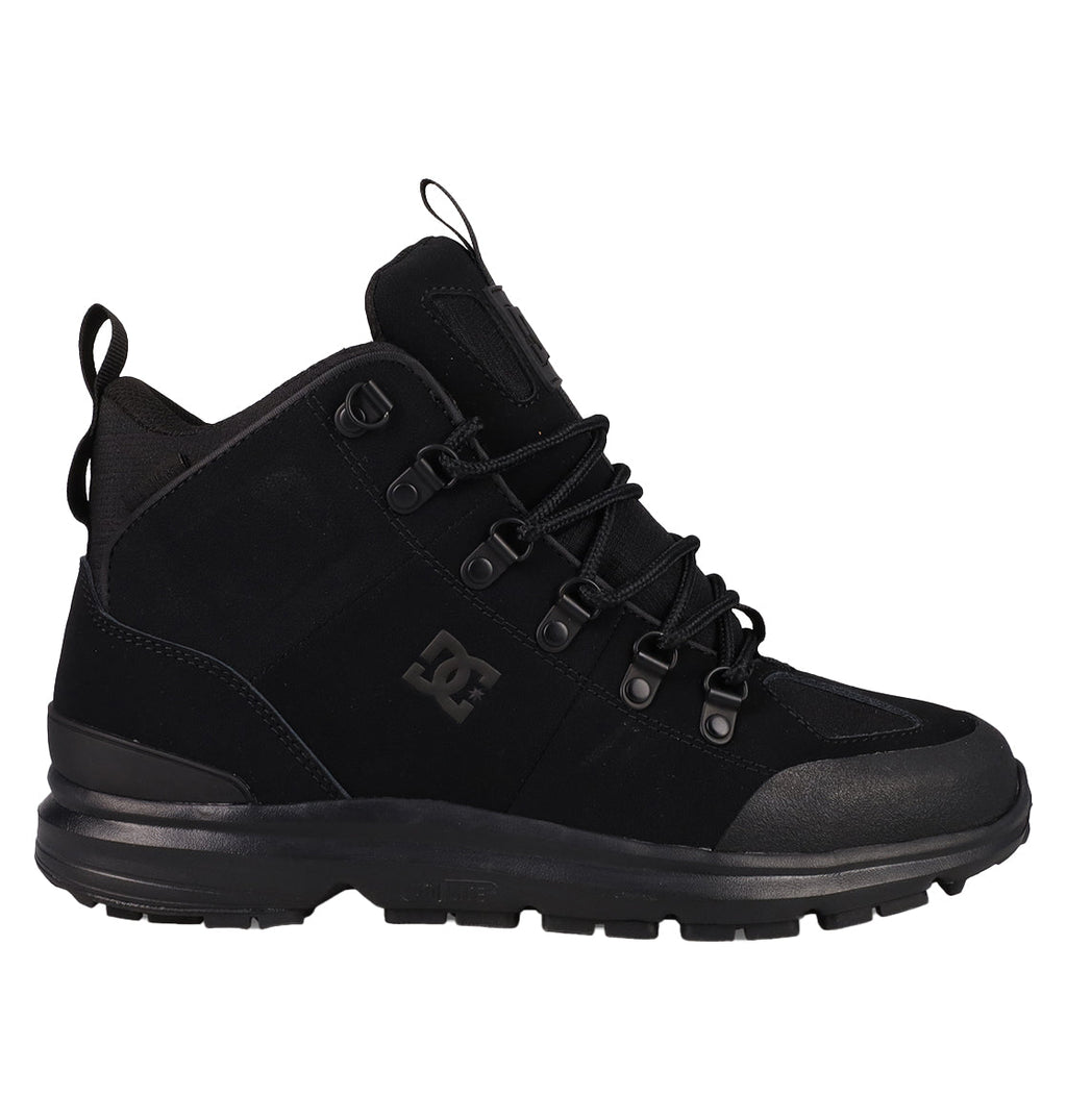 The Men’s DC Tarmont Shoes by DC Shoes are black mid-top hiking boots with metal eyelets, a chunky sole, and the signature DC logo on the side—blending street-ready style with outdoor performance and shown here from the left view.