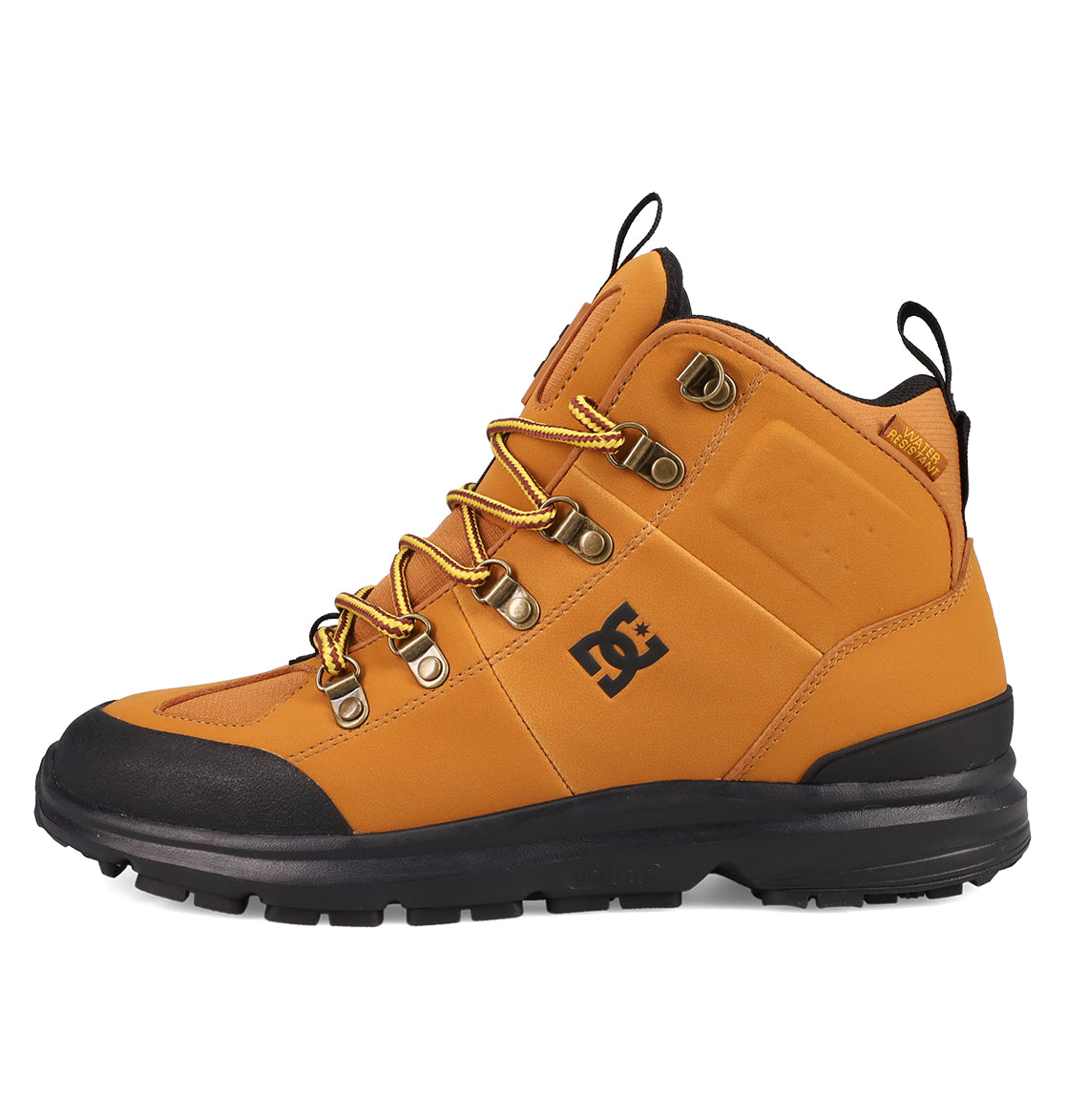 The Men's DC Tarmont Shoes by DC Shoes feature a tan and black design with yellow laces, metal eyelets, black sole, and side DC logo. Reinforced toe and heel plus pull tabs deliver all-weather performance and street-ready style.