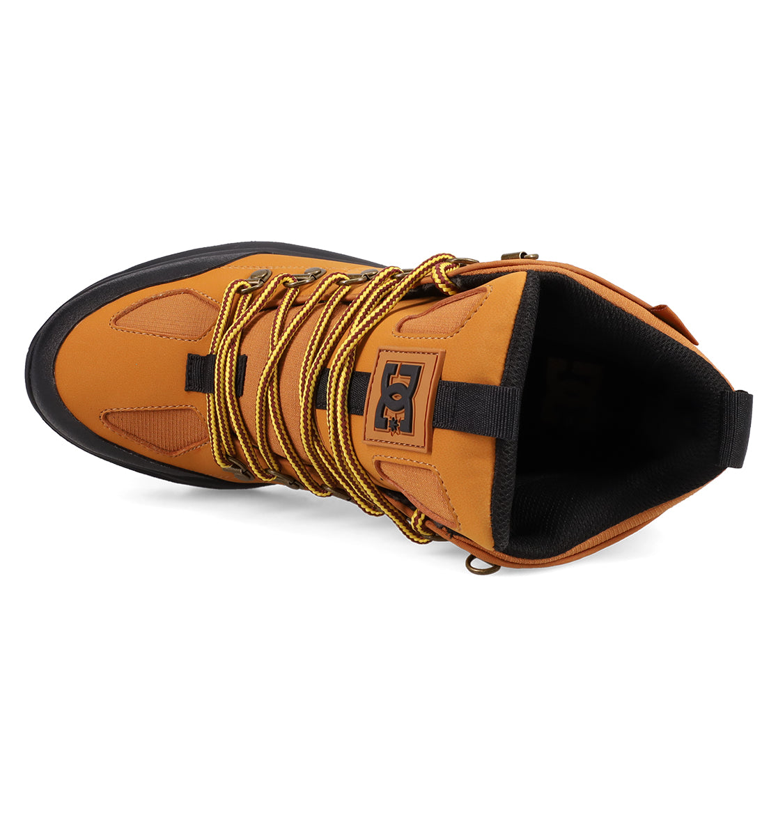 Top view of the Men's DC Tarmont Shoes by DC Shoes—tan and black high-top boots with yellow-black laces, DC logo on the tongue, padded interior, and an all-weather design for comfort and street style on any adventure.