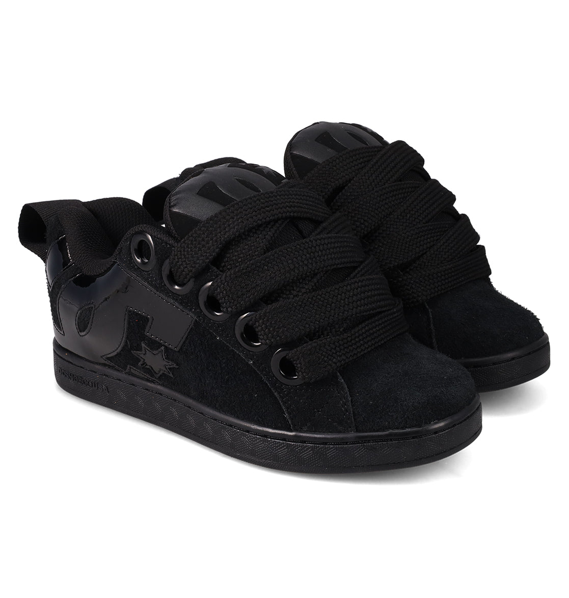 The Women's Court Graffik Puff Shoes by DC Shoes are black fashion sneakers with thick laces, black soles, and glossy side accents. Their puffy silhouette makes them bold statement shoes, shown here against a white background.