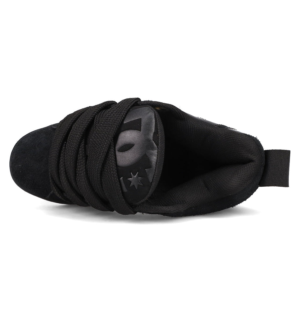 Top view of the DC Shoes Women's Court Graffik Puff, a black sneaker with thick laces, padded tongue showing part of the gray DC logo, puffy silhouette, and a heel pull tab for easy wear.