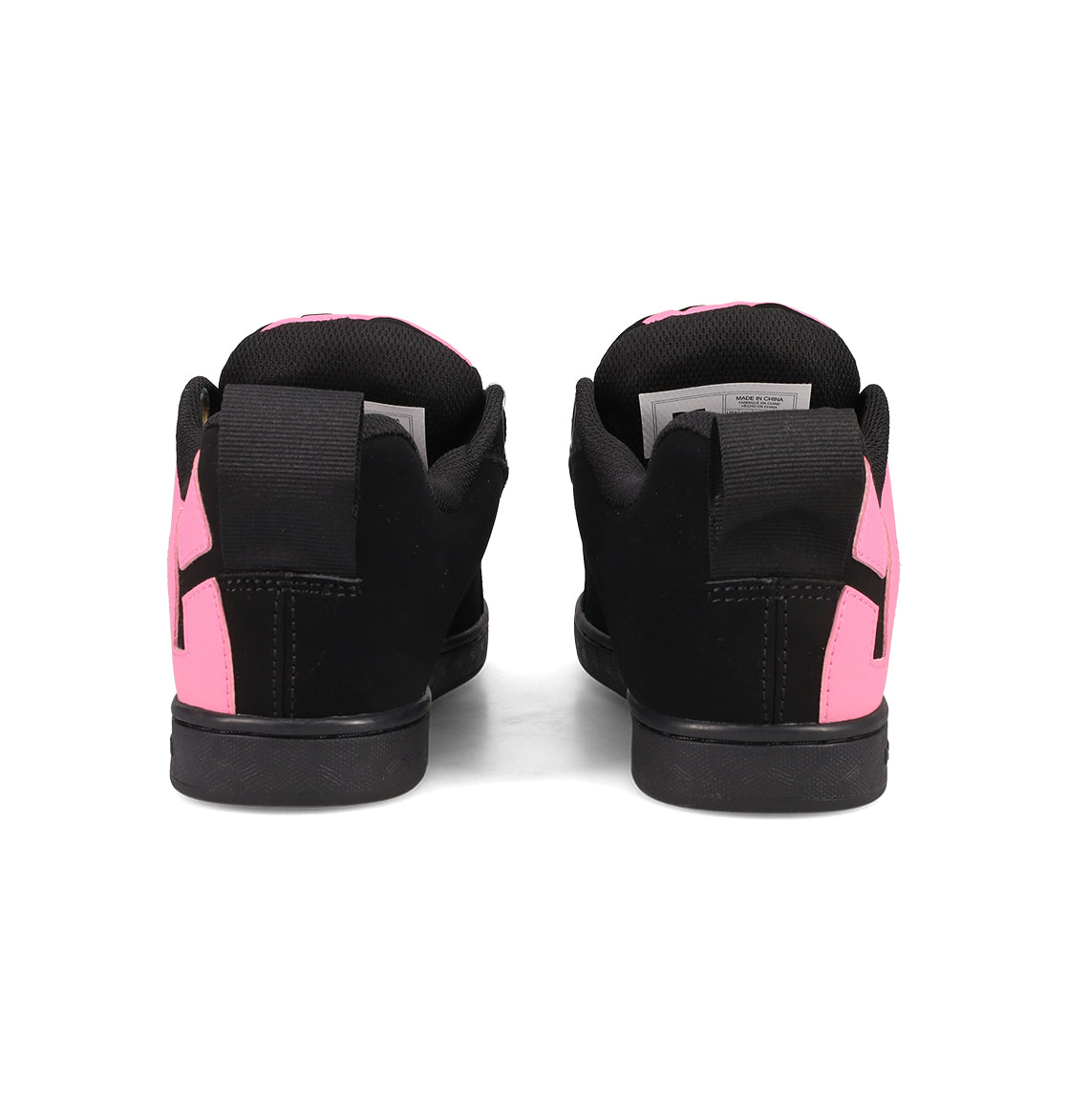 The DC Shoes Women's Court Graffik Puff Shoes feature black suede with pink accents, black soles, interior tongue tags, and a subtly puffy silhouette—perfect statement sneakers viewed from the back.