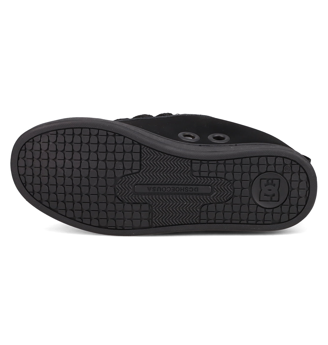 The image shows the black rubber sole of DC Shoes’ Women's Court Graffik Puff Shoes, featuring a textured tread, circular accents, and DCSHOECOUSA branding—key details for these statement shoes with their signature puffy silhouette.