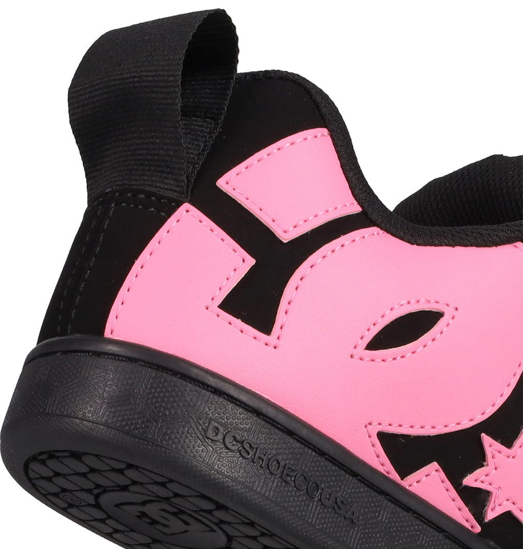 Close-up of the Women's Court Graffik Puff Shoes by DC Shoes—black and pink sneakers with a bold pink DC logo, black pull tab, and textured sole embossed with DCSHOECOUSA. Puffy silhouette makes them perfect statement footwear.