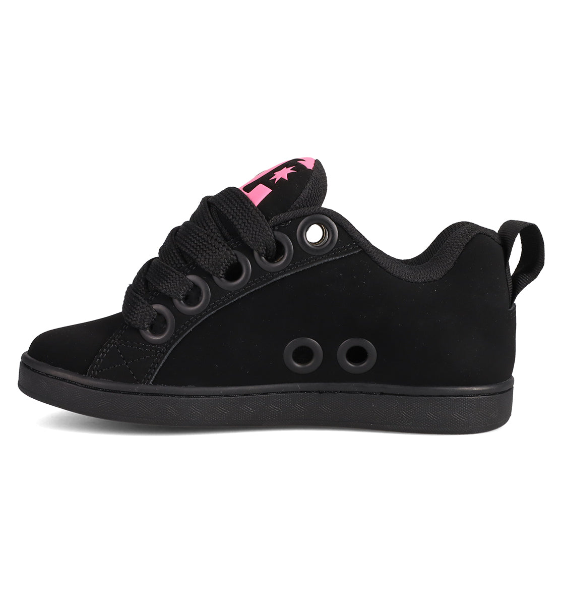 The Women's Court Graffik Puff Shoes by DC Shoes feature a puffy black skate silhouette, thick black laces, two large side eyelets, pink tongue accents, and a black rubber sole—bold fashion sneakers for standout style.