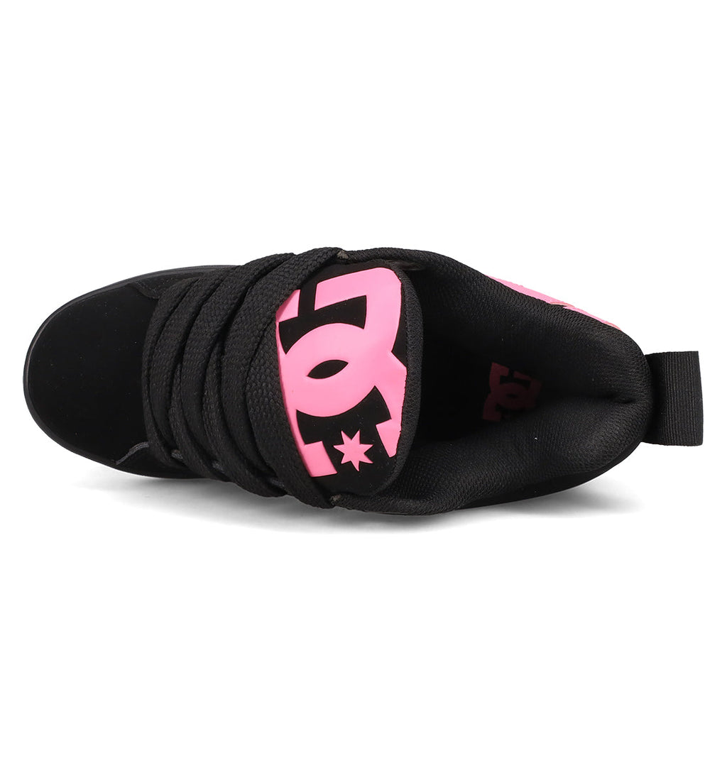 The Women's Court Graffik Puff Shoes by DC Shoes are black fashion sneakers with a puffy silhouette, thick black laces, and a bold pink DC logo on the tongue, shown from a top-down view.