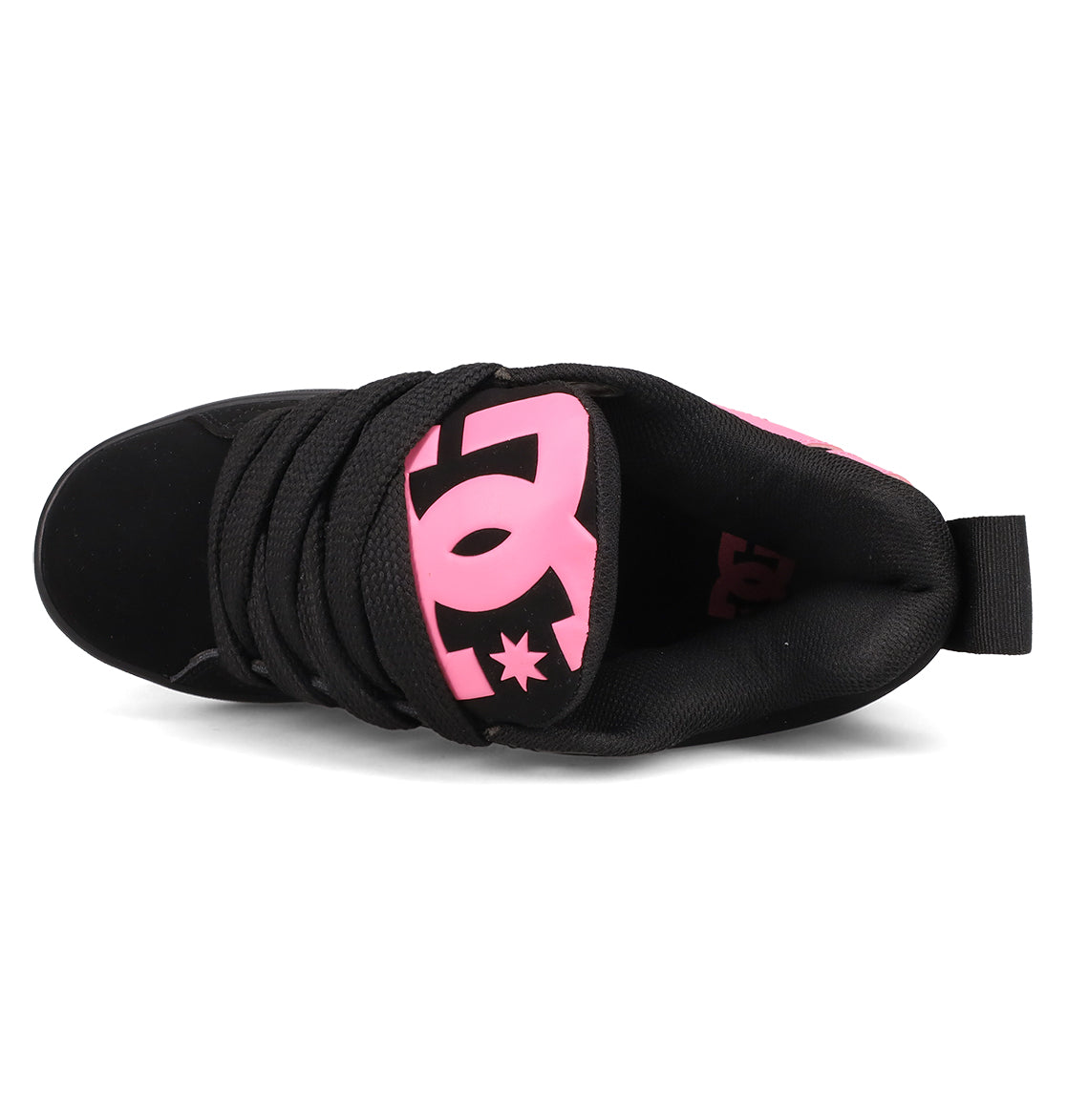The Women's Court Graffik Puff Shoes by DC Shoes are black fashion sneakers with a puffy silhouette, thick black laces, and a bold pink DC logo on the tongue, shown from a top-down view.
