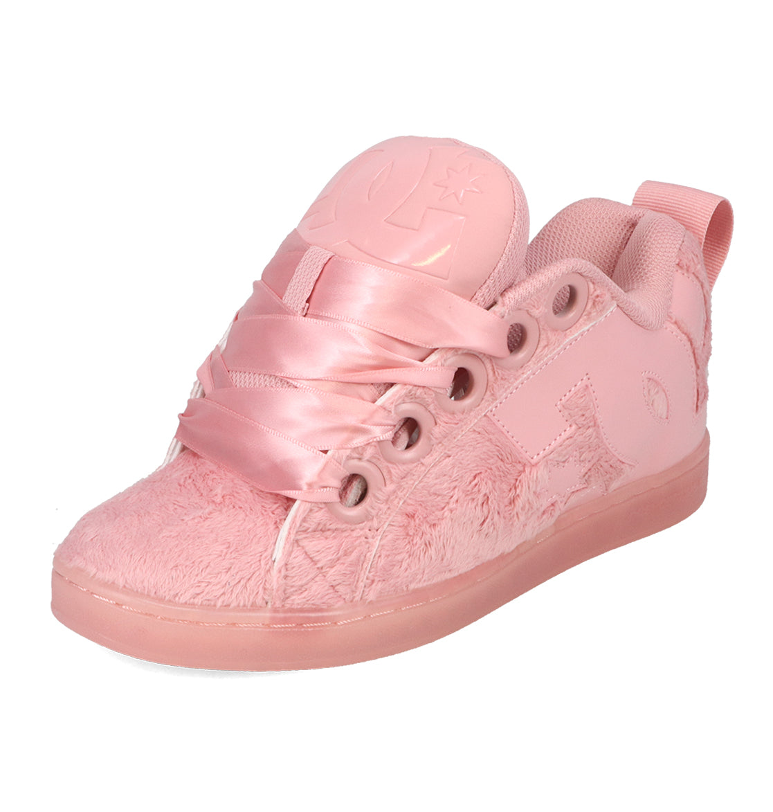 The Women’s Court Graffik Puff Shoes by DC Shoes feature a plush pink upper with a furry texture, wide satin laces, and a raised logo on the tongue, highlighting their signature puffy silhouette and fashionable design against a white background.